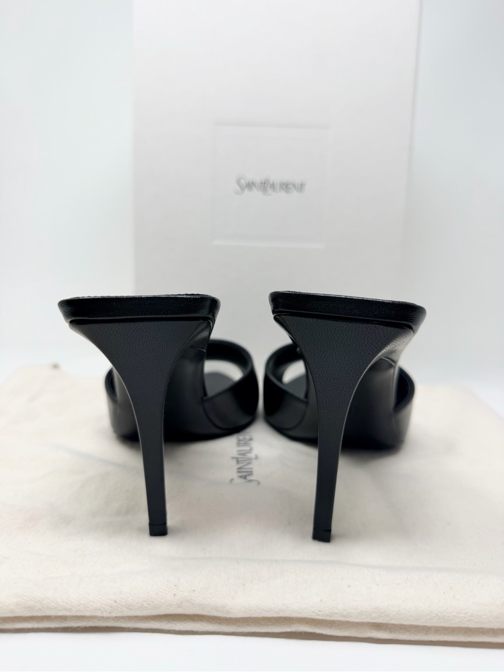 Saint Laurent Black Leather Open-Toe Mules with Gold Logo Medallion - Picture 4 of 9